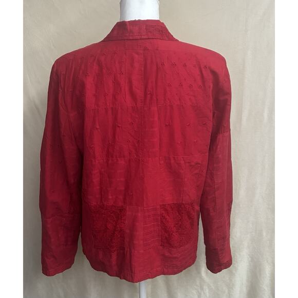 Coldwater Creek Red Cotton Eyelet Lace Patchwork Quilt Embroidered Blazer M Xmas - Picture 2 of 10